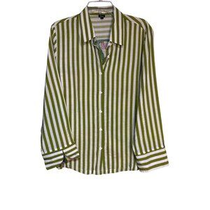 Green & White Striped Button-Up Shirt With Abstract Back Design By Shana